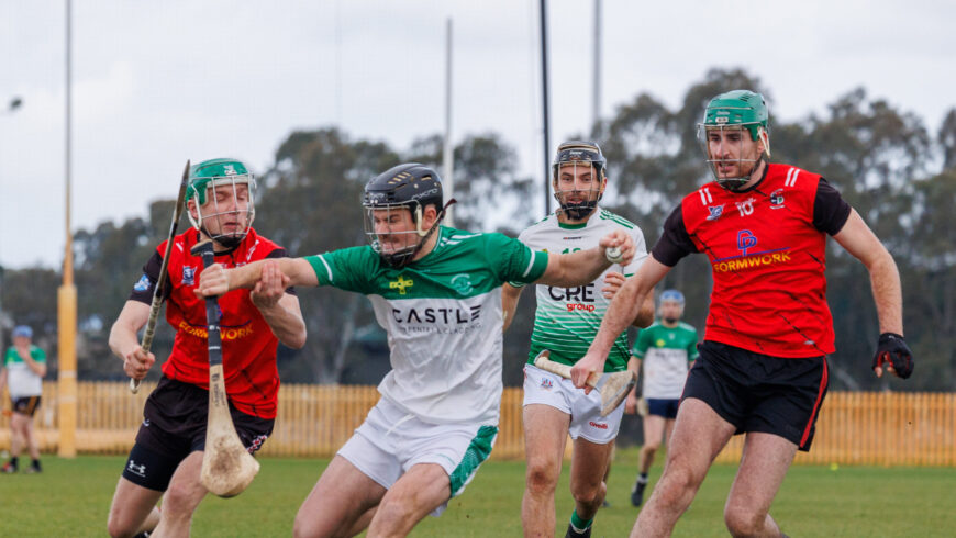 Action from the hurling final where Melbourne Shamrock claimed a league and championship double over Garryowen for 2023.